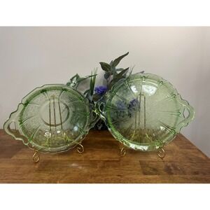 Vintage Uranium Glass Serving Bowl Platter Green Depression Glass Floral Pattern